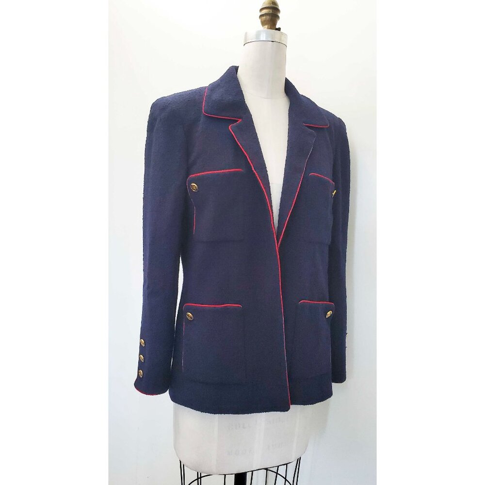 CHANEL Boutique Womens Vintage Navy Wool Boucle Blazer Logo CC Buttons Red Trim - Picture 14 of 15